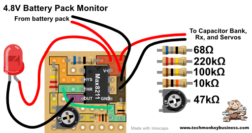 Perfboard layout of the 4.8V NiMh Battery Pack Monitor